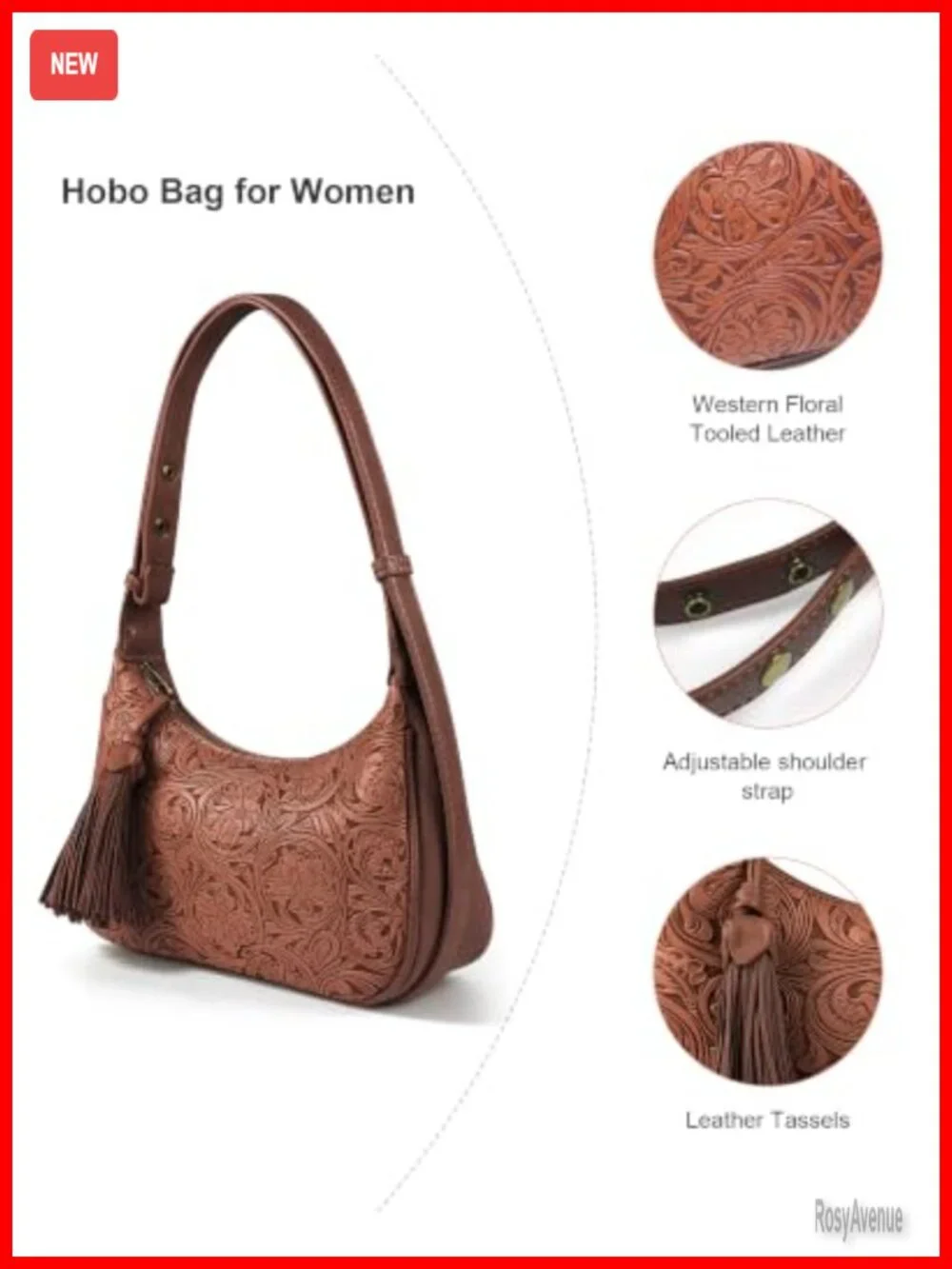 Vegan Leather Hobo Bag with Floral Embossed Trim, Adjustable Crossbody Purse